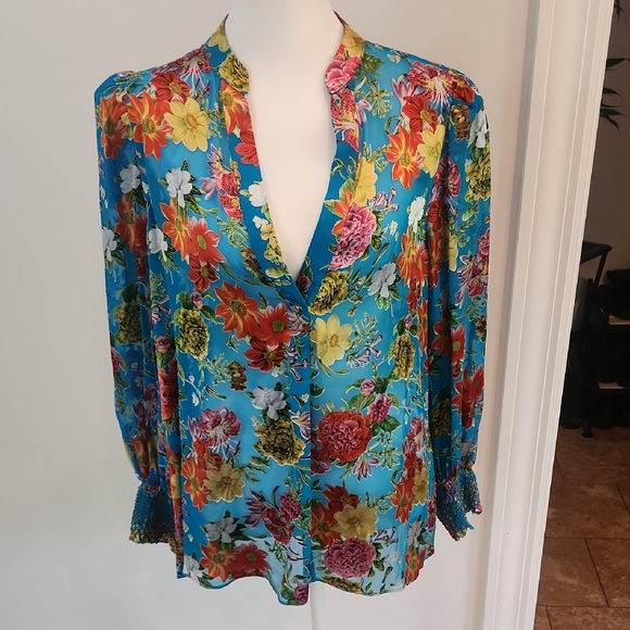 Alice + Olivia Blue and Orange Graphic Long Sleeve Blouse